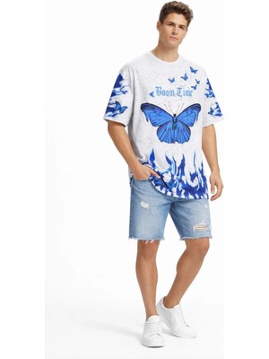 Pileli Store Erkek Asit Yıkamalı Oversize Tişört Mavi Kelebek Baskılı Dijital Print Bisiklet - Beyaz