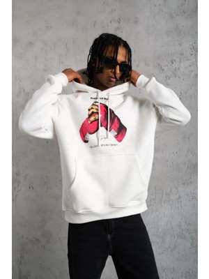 Pileli Store Erkek Eldiven Baskılı  Üç Iplik Pamuklu Kapüşonlu Sweat - Beyaz
