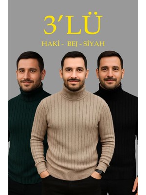 Pileli Store Erkek Fitilli Triko Kazak 3'lü Set Bej Haki Siyah Regular Balıkcı Yaka Tam Boğazlı Triko