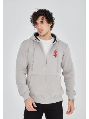Pileli Store Erkek Baskılı Tam Fermuarlı Kapşonlu Sweatshirt - Boyalı Gri