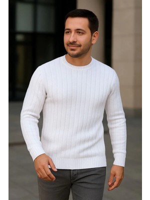 Pileli Store Erkek Bisiklet Yuvarlak Yaka Triko Kazak Pamuklu Kalın Fitilli Dokuma Regular Fit - Beyaz