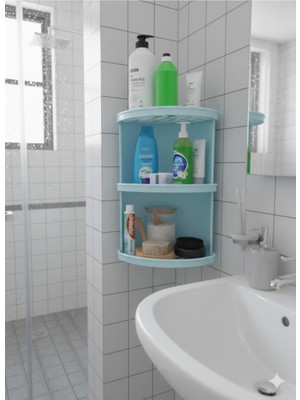 Abnturk Mavi Renk 3 Katlı Banyo Köşe Rafı Tabanları Izgara Su Birikmesini Önler Paslanmaz Plastik Şampuanlık
