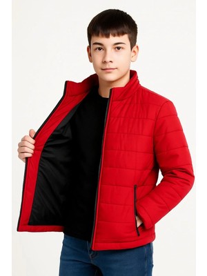 Pileli Store Erkek Çocuk Şişme Mont Hafif ve Sıcak Tutucu Fermuarlı Su Itici Mont Kapüşonuz - Kırmızı