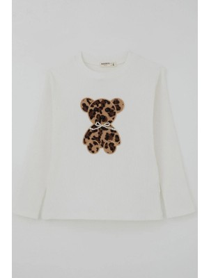 Breeze Kız Çocuk Uzun Kollu Tişört Incili Aplike Leopar Ayıcık Nakışlı 5-10 Yaş, Ekru