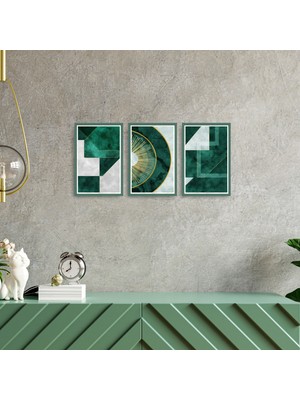 TASARIM ŞEYLER Zümrüt Safir: 3’lü Art Deco Tarzı Altın Detaylı Geometrik Tablo Seti