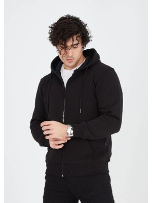 Pileli Store Erkek Tam Fermuarlı Kapşonlu  Sweatshirt - Siyah