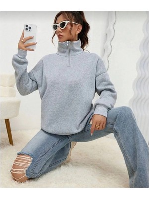 Pileli Store Kadın Uzun Kol Yarım Farmuarlı Yakalı Basic Sweatshirt - Gri