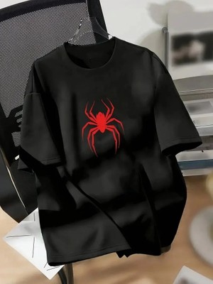 Pileli Store Kadın Penye Compack Spider Baskılı Oversize Kısa Kol Yazlık T-Shirt - Siyah