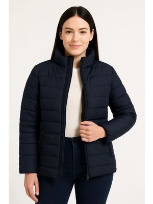 Pileli Store Kadın Bomber Mont Ceket – Su Itici Kumaş, Kapitone Astarlı, Fermuarlı, Kışlık - Lacivert