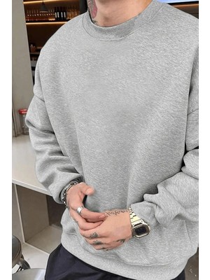 Pileli Store Erkek Düz Bisiklet Yaka  Üç Iplik Pamuklu Sweatshirt  - Gri