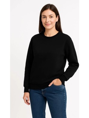 Pileli Store Kadın Üç Iplik Düz Bisiklet Yaka Sweatshirt - Siyah