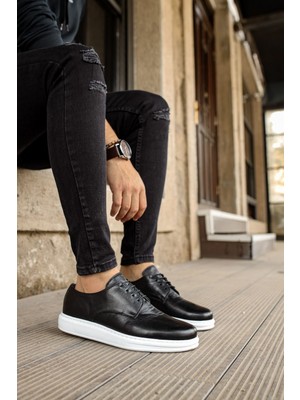 Roof Atelier Erkek Siyah Beyaz Hakiki Deri Casual Günlük Ayakkabı - 003 - Dbt Classica Pelle Di Cuoio