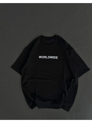 Pileli Store Kadın Baskılı T-Shirt Kısa Kol Bisiklet Yaka Oversize Rahat Kalıp Günlük Tişört   - Siyah