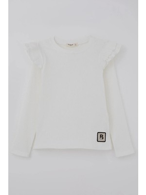 Breeze Kız Çocuk Uzun Kollu Tişört Arma Detaylı Omuzu Fırfırlı 5-10 Yaş, Ekru