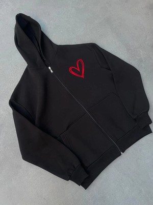 Pileli Store Kadın Üç Iplik Baskılı Fermuarlı Kapüşonlu Hırka - Siyah