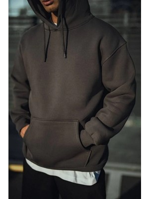 Pileli Store Erkek Üç Iplik Penye Kapşonlu Basic Sweatshirt - Füme