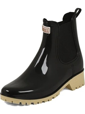 Tkees Kadın Siyah Krem Şık Su Geçirmez Yağmur Çizmesi