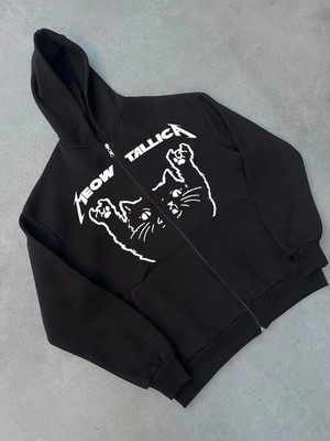 Pileli Store Kadın Üç Iplik Kışlık Baskılı Fermuarlı Kapüşonlu Hırka - Siyah