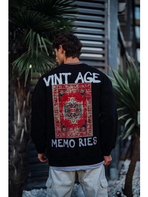 Pileli Store Erkek Oversize Bisiklet Yaka Üç Iplik Baskılı Sweatshirt - Siyah