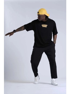 Pileli Store Bisiklet Yaka Baskılı Oversize  Kısa Kol T-Shirt - Siyah