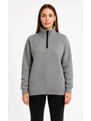 Pileli Store Kadın Üç Iplik Dık Yaka Yarım Fermuarlı Sweatshirt - Gri