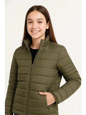 Pileli Store Kız Çocuk Şişme Mont Hafif ve Sıcak Tutucu Fermuarlı Su Itici Mont Kapüşonuz Modern - Haki