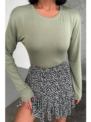 Kuzgun Ticaret Rahat ve Şık Uzun Kollu Bisiklet Yaka Likralı Viskon Penye Body Haki ( Lisinya )