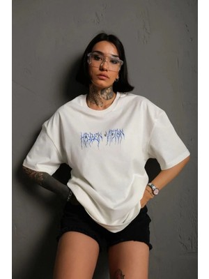 Pileli Store Kadın Bisiklet Yaka Baskılı Oversize Kısa Kol  T-Shirt - Beyaz