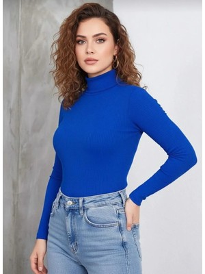 Pileli Store Kadın Tam Boğazlı Fitilli Likrali Kaşkorse Badi Ince Uzun Kollu Kazak - Saks Mavisi