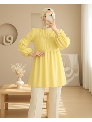 Modamorfo Kolları Lastikli Papatya Detaylı Poplin Tunik -Sarı