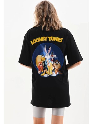 Pileli Store Kadın Baskılı Oversize kısa Kol  T-Shirt - Siyah