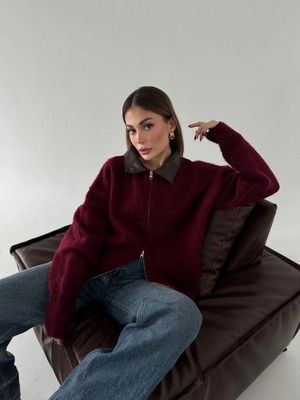 Pileli Store Kadın Deri Yakalı Pamuk Dokulu Çift Taraflı Çalışan Fermuar Ceket - Bordo