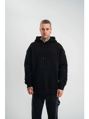 Pileli Store Erkek Oversize Kapşonlu Nakışlı Sweatshirt - Siyah