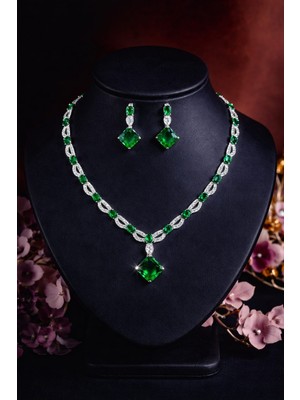 KLC Takı Kadın Gümüş Renk Model Zirkon Taşlı Kolye Küpe Seti