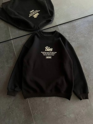Pileli Store Kadın Üç Iplik Kışlık Bisiklet Yaka Ön ve Arka Baskılı Sweatshirt - Siyah