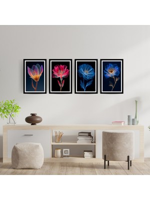 TASARIM ŞEYLER X-Ray Florals: 4’lü Renkli Modern Çiçek Görünümlü Tablo Seti