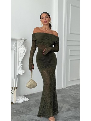 Aura Modist Madon Yaka Dantel ve Drape Detaylı Maxi Elbise S - Siyah