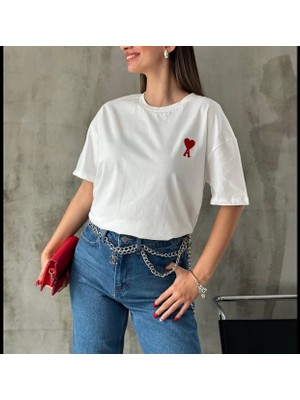 Pileli Store Kadın Bisiklet Yaka Baskılı Oversize Kısa Kol T-Shirt - Beyaz