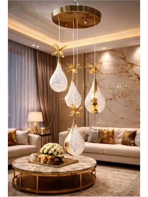 Aura Lıghtıng Gold Armut Model 4'lü Sarkıt 3 Renk LED Modern Avize (Beyaz Sarı Günışığı)