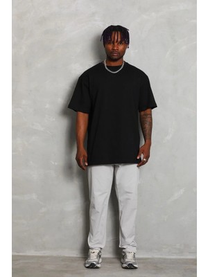 Hobilinka Erkek Oversize Düz Bisiklet Yaka kısa Kol  T-Shirt - Siyah