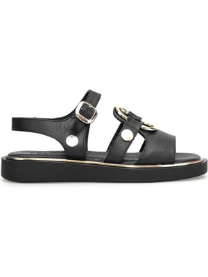 Mammamia D26YS-5290 Kadın Hakiki Deri Tokalı Düz Taban Comfort Sandalet Siyah