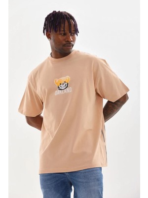 Hobilinka Erkek Baskılı T-Shirt Kısa Kol Bisiklet Yaka Rahat Kalıp Tişört - Bej