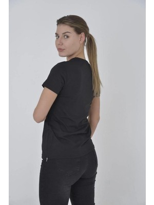 Hobilinka Kadın Yanlardan Fermuarlı T-Shirt Kısa Kol Bisiklet Yaka Slimfit Tişört  - Siyah