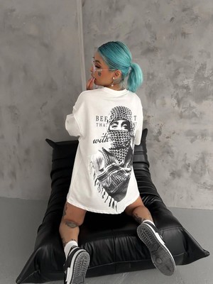 Hobilinka Kadın Baskılı Oversize  kısa Kol T-Shirt - Beyaz