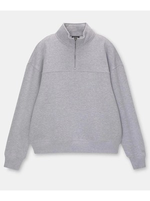 Hobilinka Kadın Üç Iplik Oversize Yarım Farmuarlı Yakalı Basic Sweatshirt - Gri