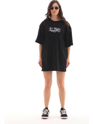 Hobilinka Kadın Baskılı T-Shirt Kısa Kol Bisiklet Yaka  Ovarsize Rahat Kalıp Günlük Tişört  - Siyah