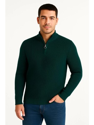 Hobilinka Erkek Yarım Fermuarlı Triko Kazak Selanik Örgü Dik Yaka Pamuklu Dokuma Regular Fit - Haki