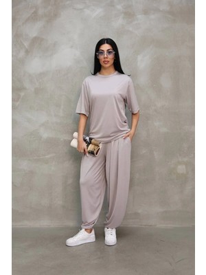 Hobilinka Kadın Osy Modal Yumuşak Dokulu Oversize Bisiklet Yaka Jogger Eşofman Altı Eşofman Takımı - gr