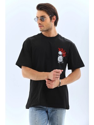 Hobilinka Erkek Baskılı T-Shirt Kısa Kol Bisiklet Yaka Rahat Kalıp Tişört  - Siyah