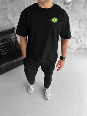 Hobilinka Erkek Bisiklet Yaka Ön ve Sırt Baskılı Oversize T-Shirt - Siyah